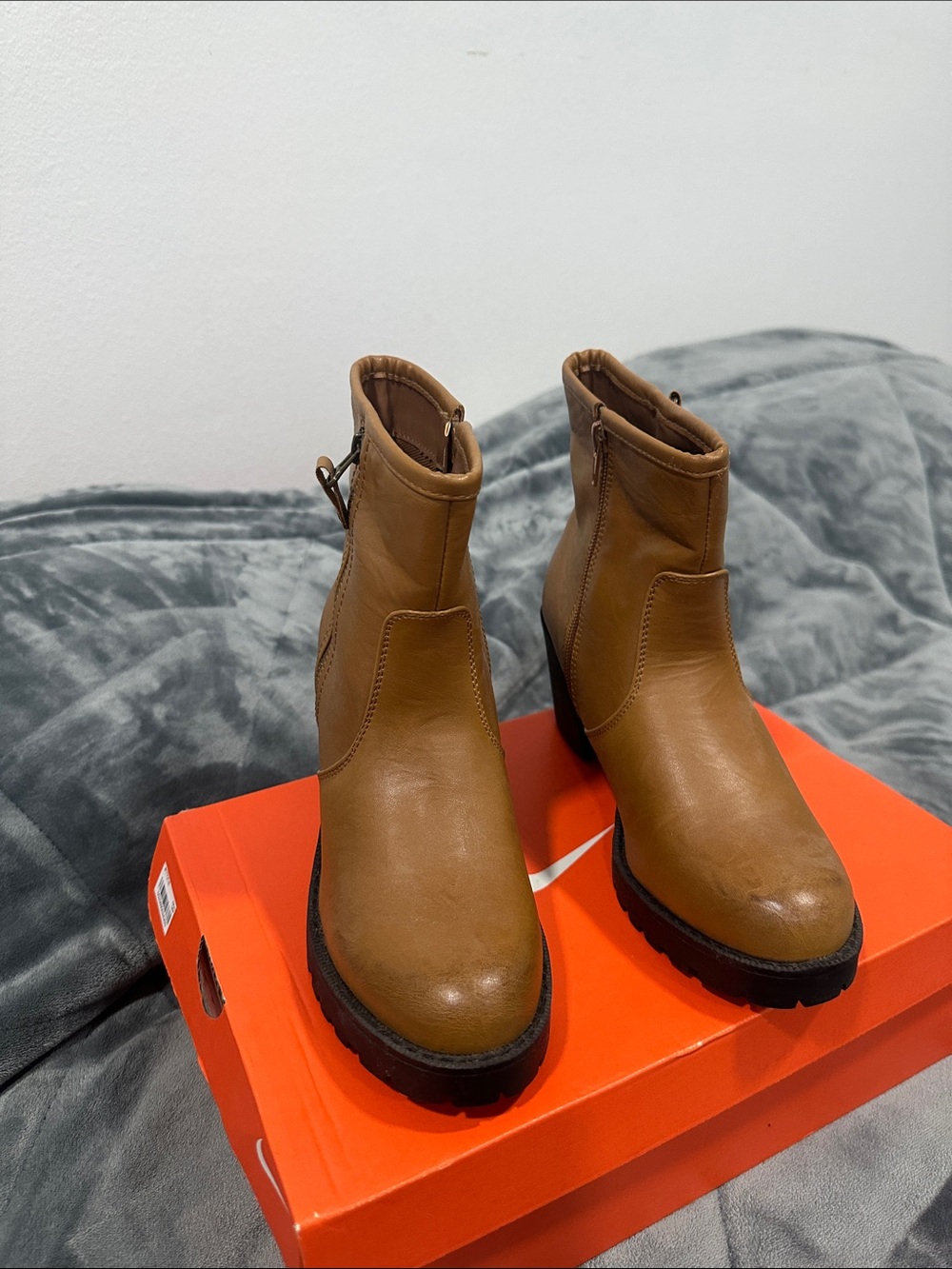 Cathy Jean Brown Leather Ankle Booties with Side Zip